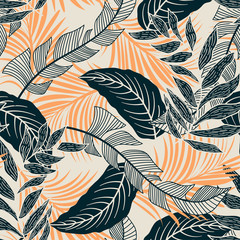 Trend seamless pattern with colorful tropical leaves and plants on pastel background. Vector design. Jungle print. Flowers background. Printing and textiles. Exotic tropics. Fresh design.