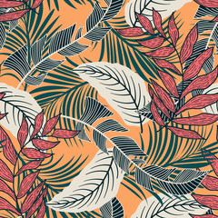 Trend seamless pattern with colorful tropical leaves and plants on yellow background. Vector design. Jungle print. Flowers background. Printing and textiles. Exotic tropics. Fresh design.