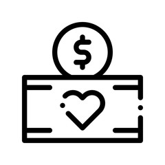 Volunteers Support Thing Box Vector Thin Line Icon. Volunteers Support, Help Charitable Organizations, Heart Package With Coin Dollar Financial Patronage Linear Pictogram. Contour Illustration