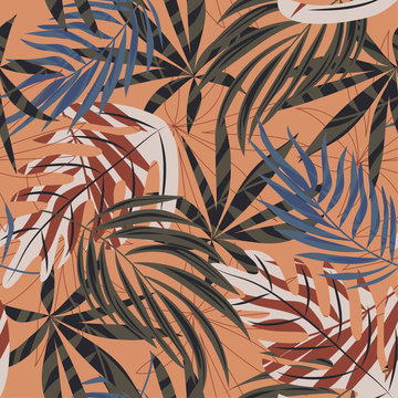Trend seamless pattern with colorful tropical leaves and plants on beige background. Vector design. Jungle print. Flowers background. Printing and textiles. Exotic tropics. Fresh design. © EltaMax99