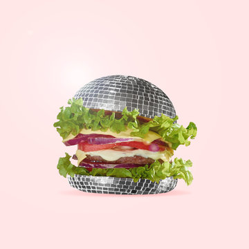 Naklejki Food as fast as a disco dance. A burger as an discoball with salad, potato and meat. Negative space to insert your text. Modern design. Contemporary art collage. An alternative view of street food.