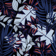 Summer abstract seamless pattern with colorful tropical leaves and plants on a dark background. Vector design. Jungle print. Flowers background. Printing and textiles. Exotic tropics. Fresh design.