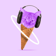 Cat's head in headphones as an icecream on purple background. Wild nature. Negative space to insert your text. Modern design. Contemporary art collage. An alternative sweets, pets or music.