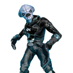 Fototapeta premium official alien on a sci-fi outfit doing hiphop pose in a white background