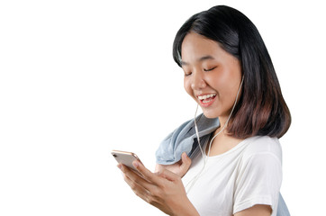 20s an Asian young woman listening a music in mobile phone white white background