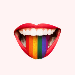 Big female mouth with red lips and tongue as an LGBT flag on pink background. Negative space to insert your text. Modern design. Contemporary art collage. Concept of LGBT people rights, equality
