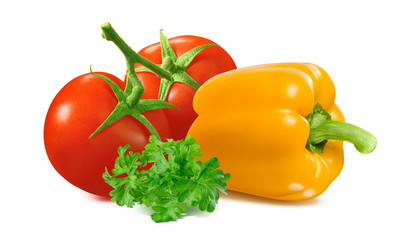 Tomato, yellow bell pepper and parsley isolated on white background