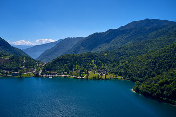 Aerial photography with drone. Panoramic view of Lake Ledro in the north of Italy In the Alps.