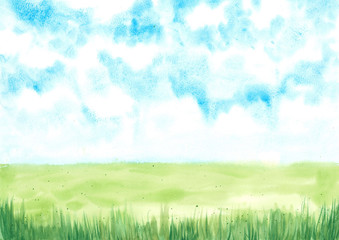 Fototapeta na wymiar hand drawn watercolor illustration, blue sky with green meadow, natural background