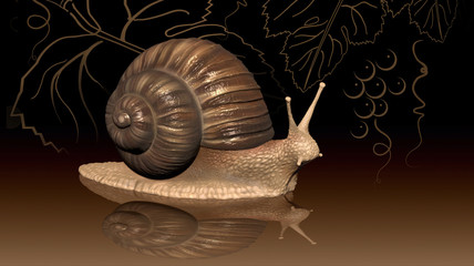 Big realistic snail on a dark brown background. Digital illustration. Digital art. 3 D object.