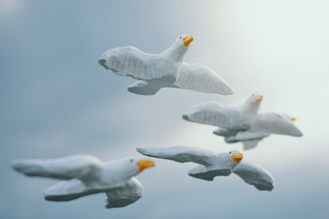 white concrete model bird with cloudy sky and sun light background