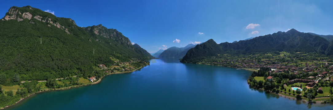 Aerial photography with drone. Panoramic view of Lake Idro in the north of Italy In the Alps.