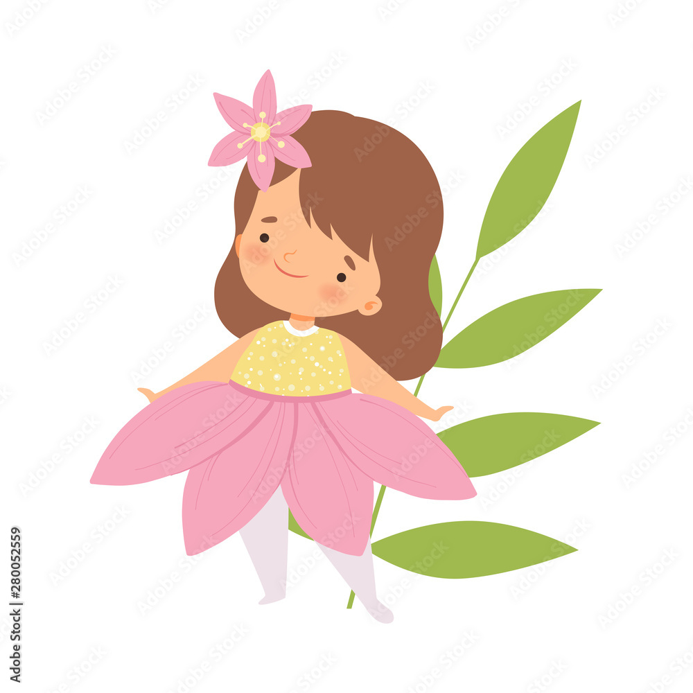 Canvas Prints cute little girl wearing pink flower costume, adorable kid in carnival clothes vector illustration