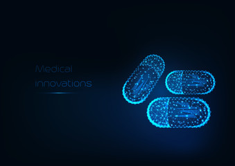 Futuristic glowing low polygonal drug capsules and text Medical innovation on dark blue background.
