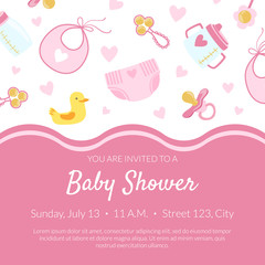 Baby Shower Invitation Banner Template, Pink Card with Newborn Baby Symbols Seamless Pattern and Place for Text Vector Illustration