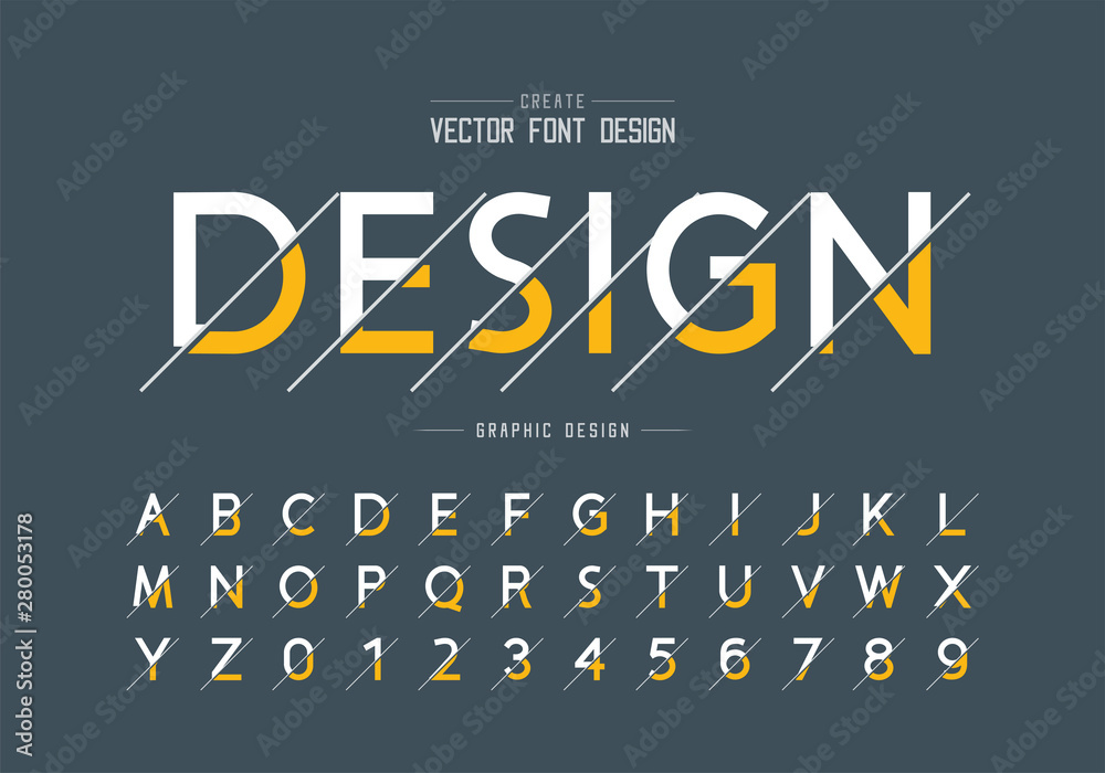 Poster sliced font and alphabet vector, design typeface and number, graphic text on background