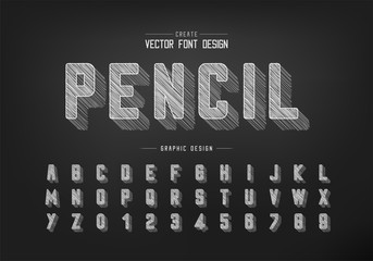 chalk shadow round font and alphabet vector, Pencil sketch typeface and letter number design