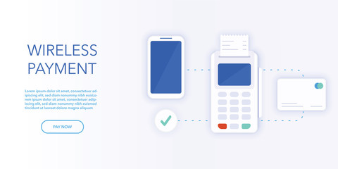 Internet banking concept in flat vector illustration. POS terminal for contactless pay. Website banner or webpage layout template. 