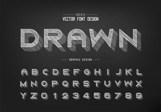 Chalk shadow font and alphabet vector, Pencil sketch bold typeface letter and number design