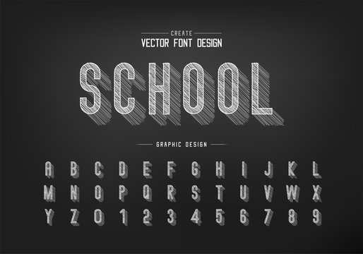 Chalk shadow font and alphabet vector, Pencil sketch letter typeface and number design