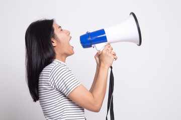 Beautiful young Asian woman announce with megaphone.