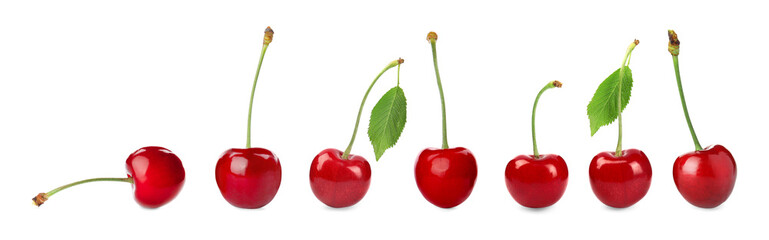 Set of delicious ripe sweet cherries on white background. Banner design