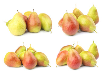 Set of sweet ripe pears on white background