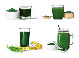 Set with spirulina drinks on white background. Super food