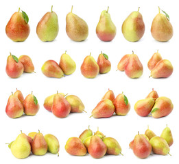 Set of sweet ripe pears on white background