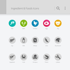 Ingredients & foods related icons. Seafood, poultry & vegetables.