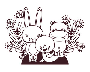 set of cute animals with branch and leaves of background