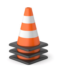 3d rendered stack of orange, black and white striped traffic cones on a white background.