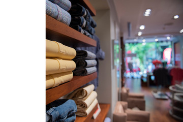 Blurred showcases fashion boutique with sportswear. Blurred big sales on Black Friday. On sale at a clothing store in a modern shopping mall beautiful lobby at the malls. Big sales.