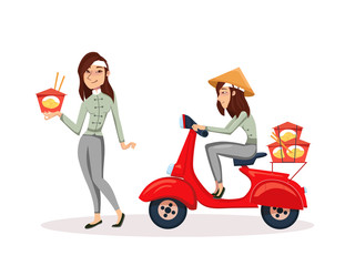 Fast Delivery asian food service by scooter with courier. Vector cartoon Woman character illustration riding scooter with asian noodle, ramen boxes.
