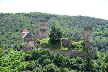 Fototapeta na wymiar Hardegg medieval castle on a fortified hill in Thayatal National Park on sunny day.