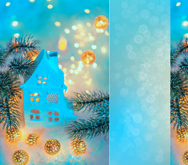 Greeting card Happy New Year and Merry Christmas. Beautiful background of winter decoration for the holiday. Mockup, copy space