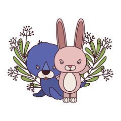 set of cute animals with branch and leaves of background