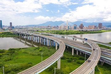 Traffic Aerial View - Traffic concept image, birds eye daytime view use the drone in Taipei, Taiwan.