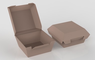 blank food box packaging for burger,lunch fast food sandwich product package on white background. 3d illustration
