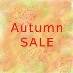 Fototapeta premium Autumn sale abstract yellow-orange background with maple leaves and text. Watercolor illustration