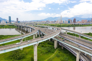 Traffic Aerial View - Traffic concept image, birds eye daytime view use the drone in Taipei, Taiwan.