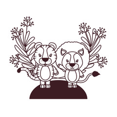 set of cute animals with branch and leaves of background