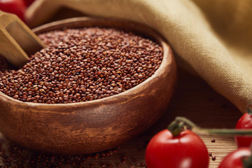 close up view of red quinoa in wooden bowl with spatula near beige napkin and scattered tomatoes