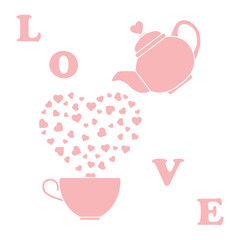 Greeting card Valentine's Day. Teapot, cup, hearts
