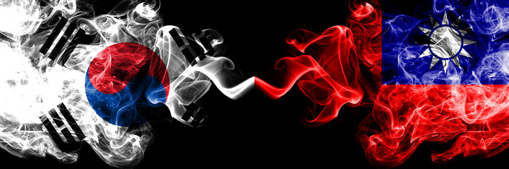 South Korea vs Taiwan, Taiwanese smoky mystic flags placed side by side. Thick colored silky abstract smoke flags of South Korean and Taiwan, Taiwanese