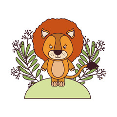 cute lion with branch and leaves of background