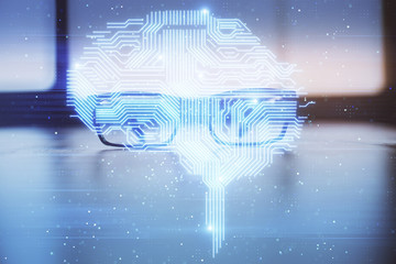 Brain drawings with glasses on the table background. Double exposure.