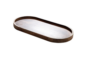 Wooden tray isolated on white. Empty tray mock up for design. Top view.