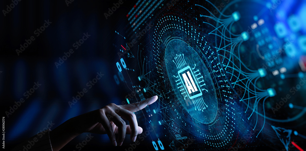 Poster Artificial intelligence (AI) with machine deep learning and data mining and another modern computer technologies UI by hand touching CPU icon.