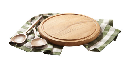 Wooden plate or tray, or pizza board, with tablecloth isolated. Top view mockup